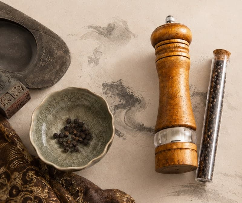 宣纸上的研磨器、一管胡椒、一碗胡椒粒与砚台